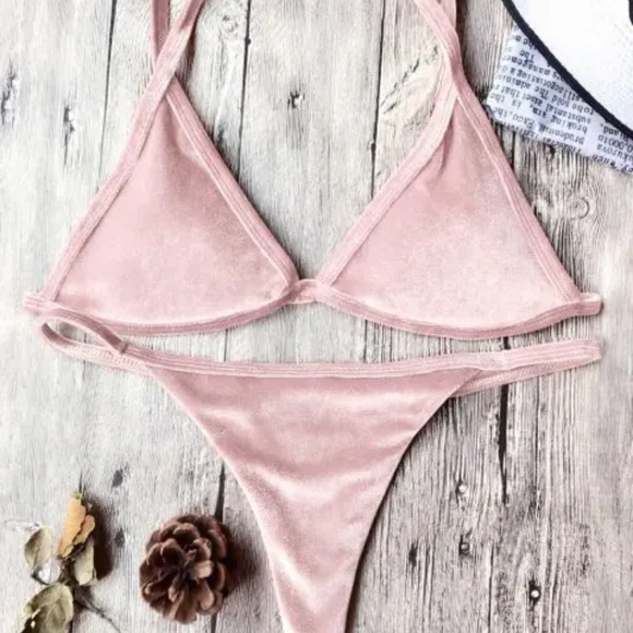 Cami Velvet String Thong Bikini Set - Pink - Picture 2 of 3